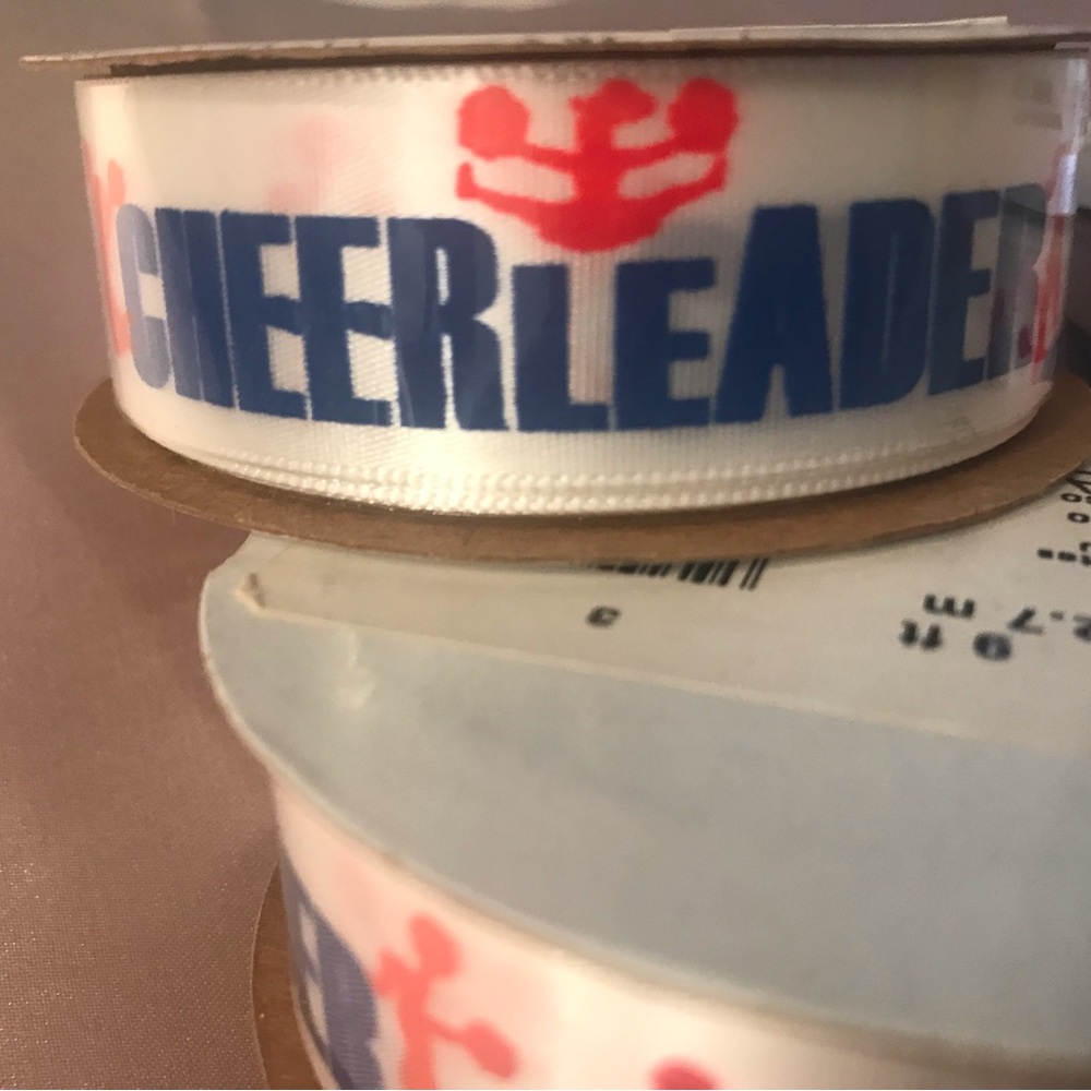 Cheerleader Printed Grosgrain Ribbon – White with Blue and Coral. Lot of 6 reels